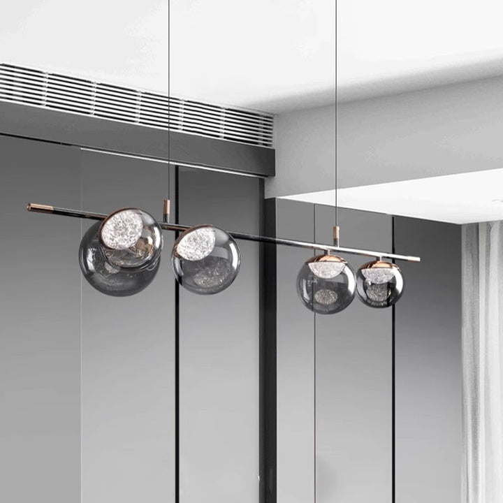 Zeitgenössischer kreativer langer Streifen Orb Acryl Gold Platin Edelstahl LED Kronleuchter Insel Licht für Esszimmer 