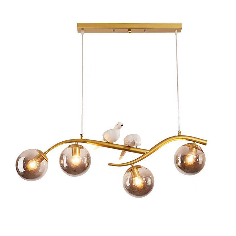 Zeitgenössischer skandinavischer Zauberbohnen-Bend-Birdie-Acryl-Eisen-4-Licht-Kronleuchter für das Wohnzimmer 