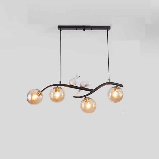Zeitgenössischer skandinavischer Zauberbohnen-Bend-Birdie-Acryl-Eisen-4-Licht-Kronleuchter für das Wohnzimmer 