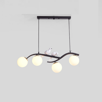 Zeitgenössischer skandinavischer Zauberbohnen-Bend-Birdie-Acryl-Eisen-4-Licht-Kronleuchter für das Wohnzimmer 