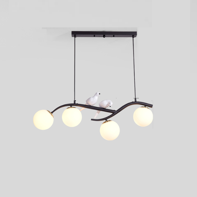Zeitgenössischer skandinavischer Zauberbohnen-Bend-Birdie-Acryl-Eisen-4-Licht-Kronleuchter für das Wohnzimmer 