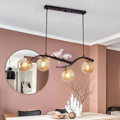 Zeitgenössischer skandinavischer Zauberbohnen-Bend-Birdie-Acryl-Eisen-4-Licht-Kronleuchter für das Wohnzimmer 