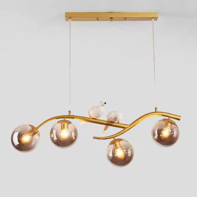Zeitgenössischer skandinavischer Zauberbohnen-Bend-Birdie-Acryl-Eisen-4-Licht-Kronleuchter für das Wohnzimmer 