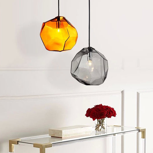Traditional Vintage Irregular Stone Shape Glass Metal 1-Light Pendant Light For Living Room