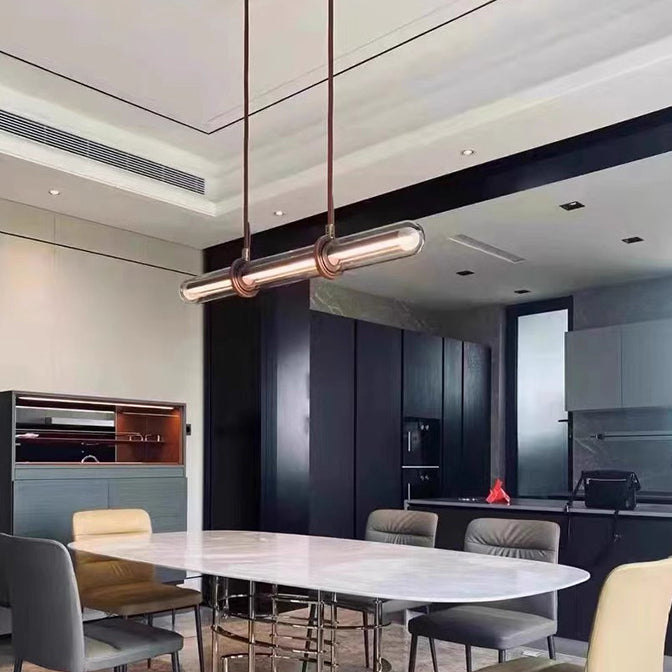 Modern Minimalist Long Cylinder Glass Belt LED Chandelier Island Light For Dining Room
