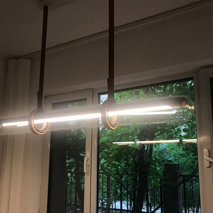 Modern Minimalist Long Cylinder Glass Belt LED Chandelier Island Light For Dining Room