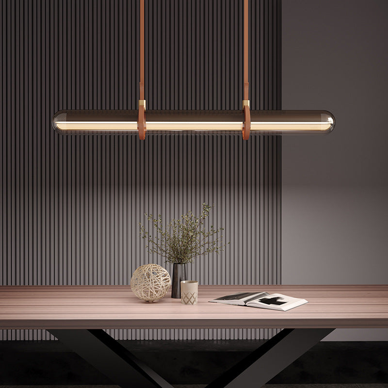 Lustre LED moderne minimaliste en verre cylindrique long avec ceinture pour salle à manger 