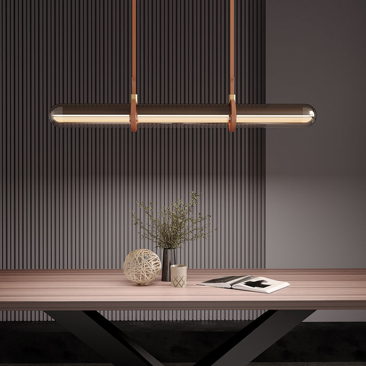 ثريا LED زجاجية بأسطوانة طويلة بتصميم حديث وبسيط مع حزام للإضاءة فوق جزيرة غرفة الطعام 