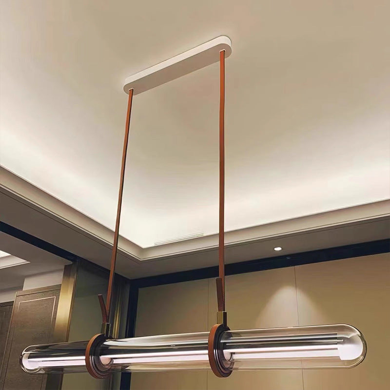 Modern Minimalist Long Cylinder Glass Belt LED Chandelier Island Light For Dining Room