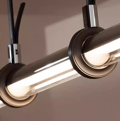 Modern Minimalist Long Cylinder Glass Belt LED Chandelier Island Light For Dining Room