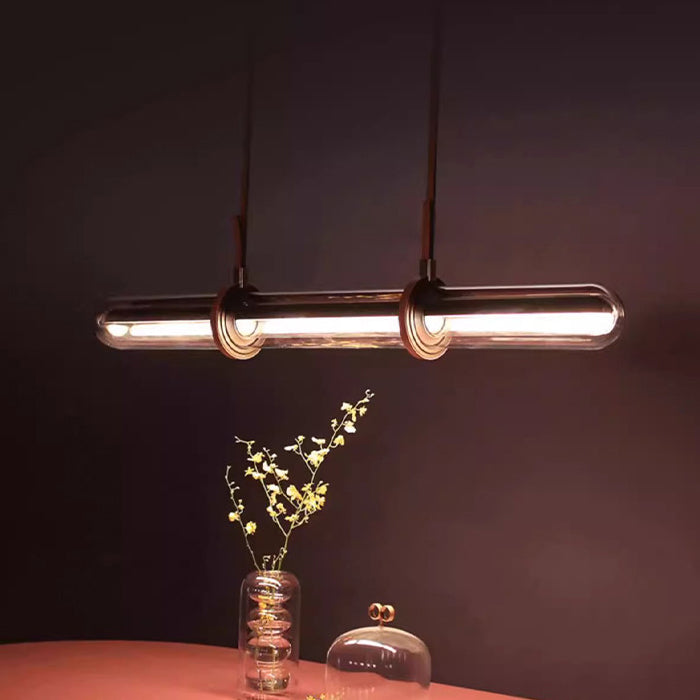 Modern Minimalist Long Cylinder Glass Belt LED Chandelier Island Light For Dining Room