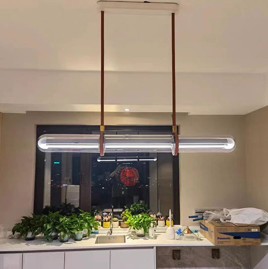 Modern Minimalist Long Cylinder Glass Belt LED Chandelier Island Light For Dining Room