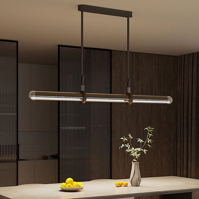Modern Minimalist Long Cylinder Glass Belt LED Chandelier Island Light For Dining Room