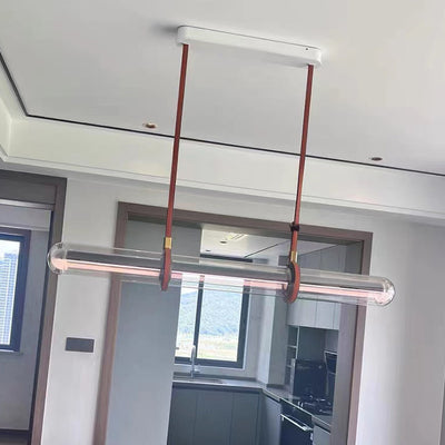Modern Minimalist Long Cylinder Glass Belt LED Chandelier Island Light For Dining Room