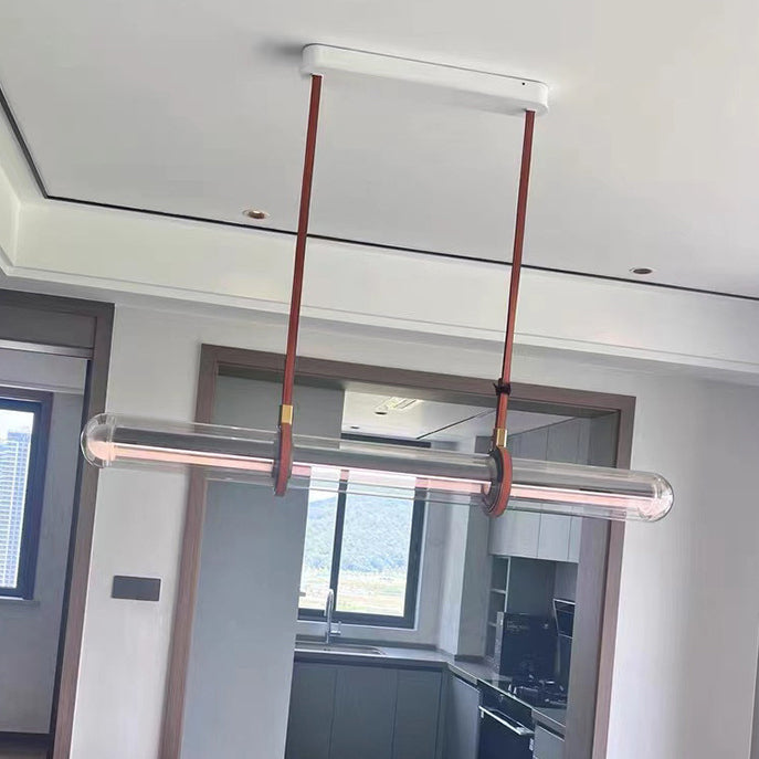 Modern Minimalist Long Cylinder Glass Belt LED Chandelier Island Light For Dining Room