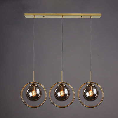 Zeitgenössische skandinavische runde Kugel lange Platte Glas Eisen 3-Licht Kronleuchter für Wohnzimmer 