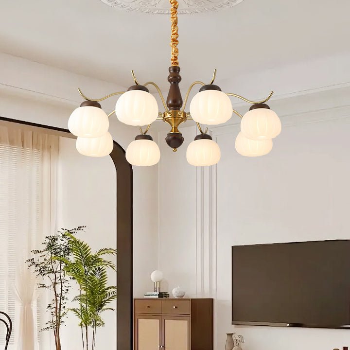Traditioneller französischer Kronleuchter aus Baumwolle mit runden gebogenen Ästen, PE-Gummibaumholz, Metall, 3/6/8 Lichter für das Wohnzimmer 