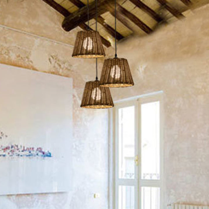 Suspension Luminaire à 1 Lumière en Rotin et Fer Rond Vintage Traditionnel pour Salon 