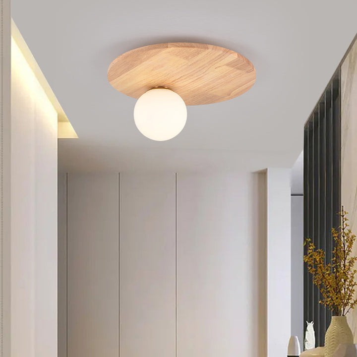 Plafonnier traditionnel japonais en verre rond avec bois et une lumière pour chambre à coucher 