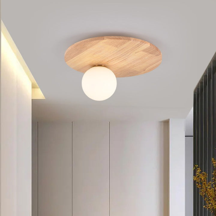 Plafonnier traditionnel japonais en verre rond avec bois et une lumière pour chambre à coucher 