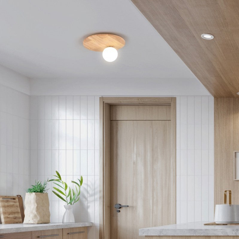 Plafonnier traditionnel japonais en verre rond avec bois et une lumière pour chambre à coucher 