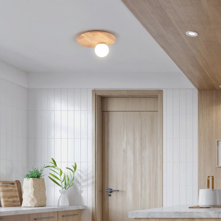 Plafonnier traditionnel japonais en verre rond avec bois et une lumière pour chambre à coucher 
