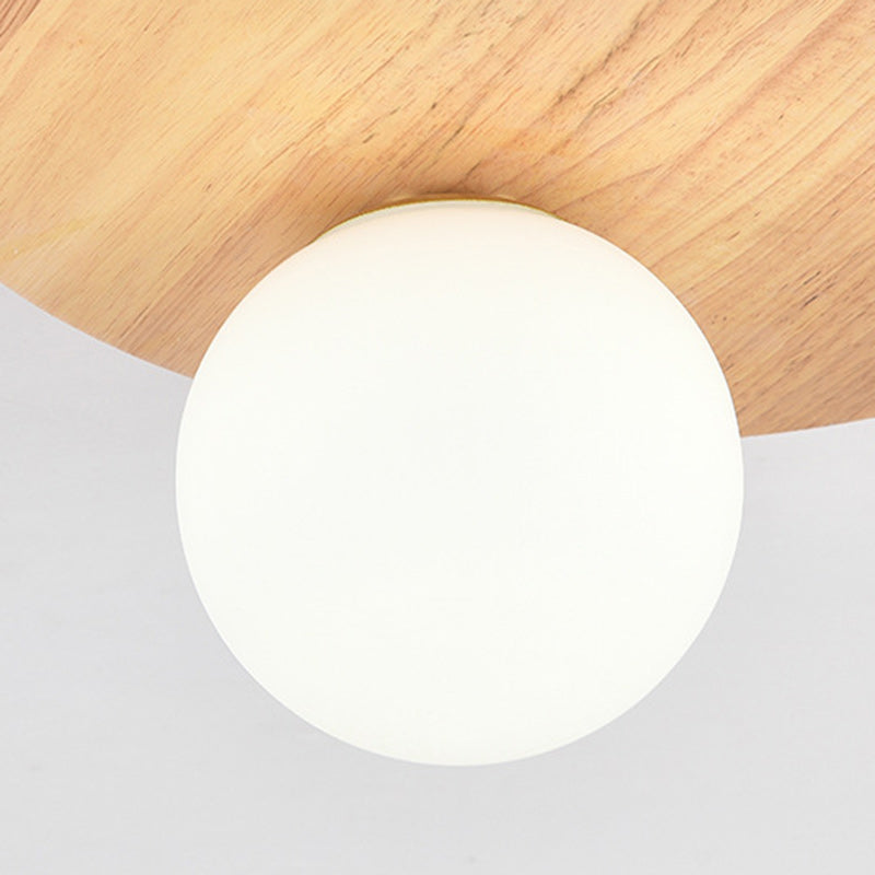 Plafonnier traditionnel japonais en verre rond avec bois et une lumière pour chambre à coucher 