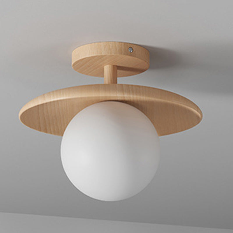 Plafonnier semi-encastré à 1 lumière en verre rond japonais traditionnel en bois de caoutchouc pour salon 