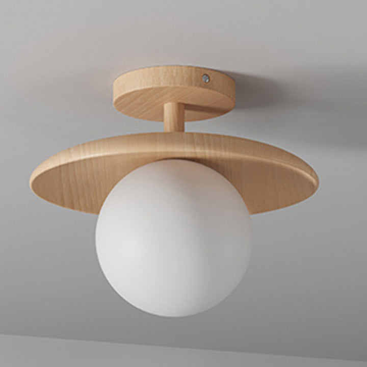 Plafonnier semi-encastré à 1 lumière en verre rond japonais traditionnel en bois de caoutchouc pour salon 