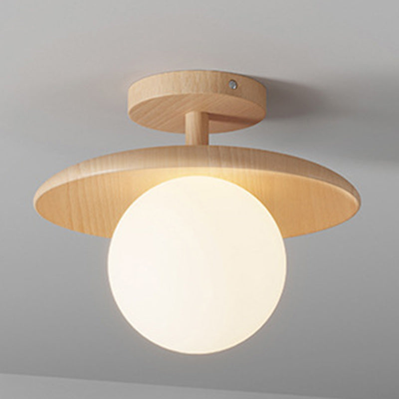 Plafonnier semi-encastré à 1 lumière en verre rond japonais traditionnel en bois de caoutchouc pour salon 