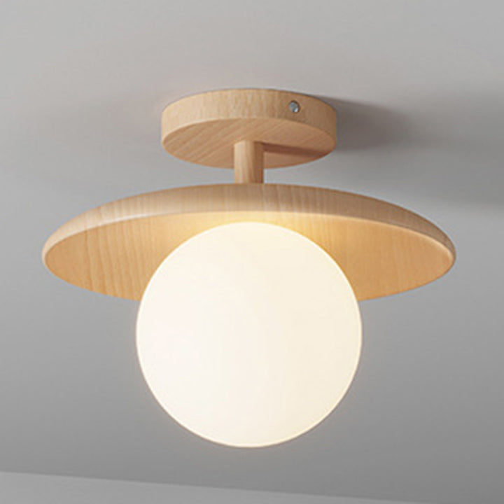 Plafonnier semi-encastré à 1 lumière en verre rond japonais traditionnel en bois de caoutchouc pour salon 