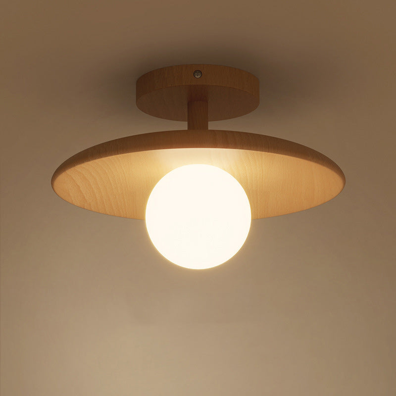 Plafonnier semi-encastré à 1 lumière en verre rond japonais traditionnel en bois de caoutchouc pour salon 