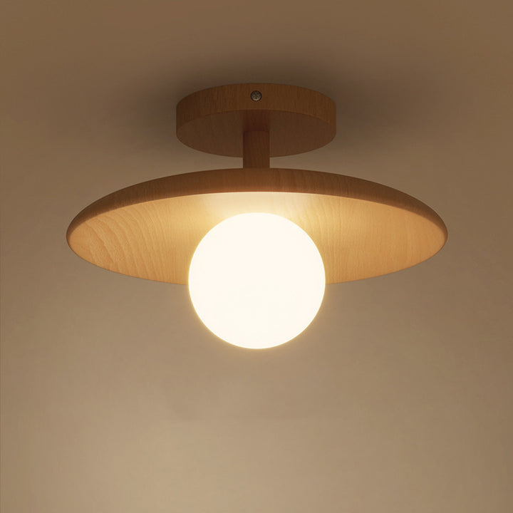 Plafonnier semi-encastré à 1 lumière en verre rond japonais traditionnel en bois de caoutchouc pour salon 