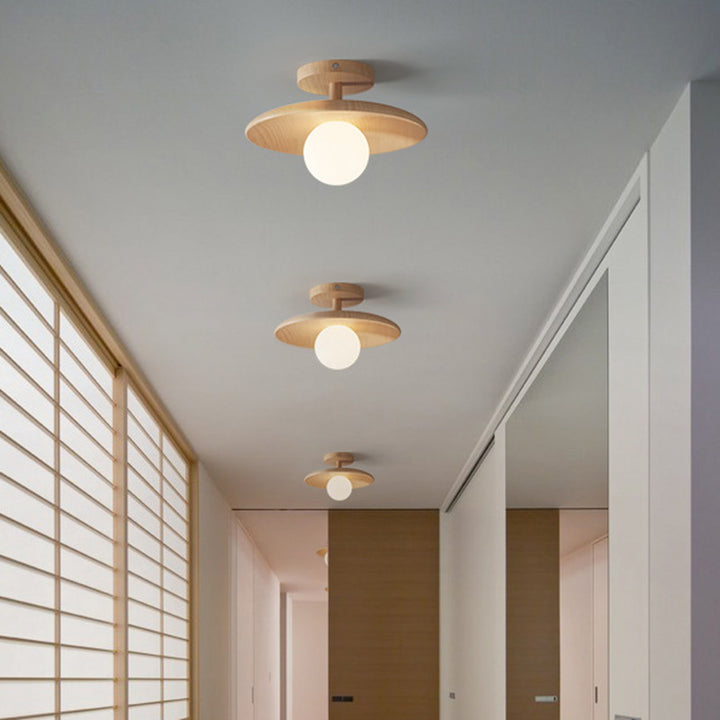 Traditionelle japanische Frisbee-Rundglas-Gummibaum 1-Licht-Halbeinbau-Deckenleuchte für das Wohnzimmer 