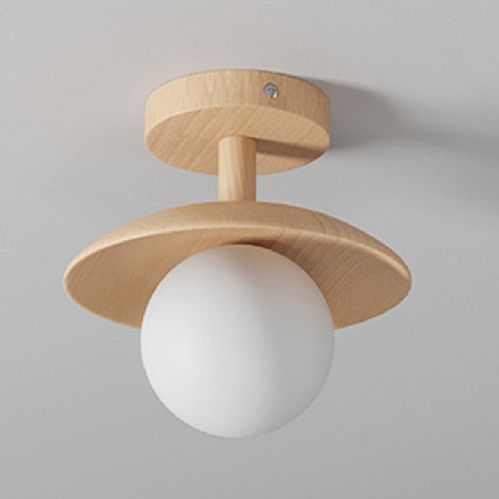 Plafonnier semi-encastré à 1 lumière en verre rond japonais traditionnel en bois de caoutchouc pour salon 