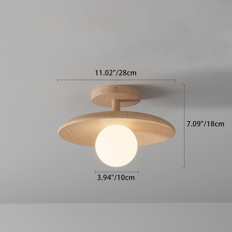 Plafonnier semi-encastré à 1 lumière en verre rond japonais traditionnel en bois de caoutchouc pour salon 
