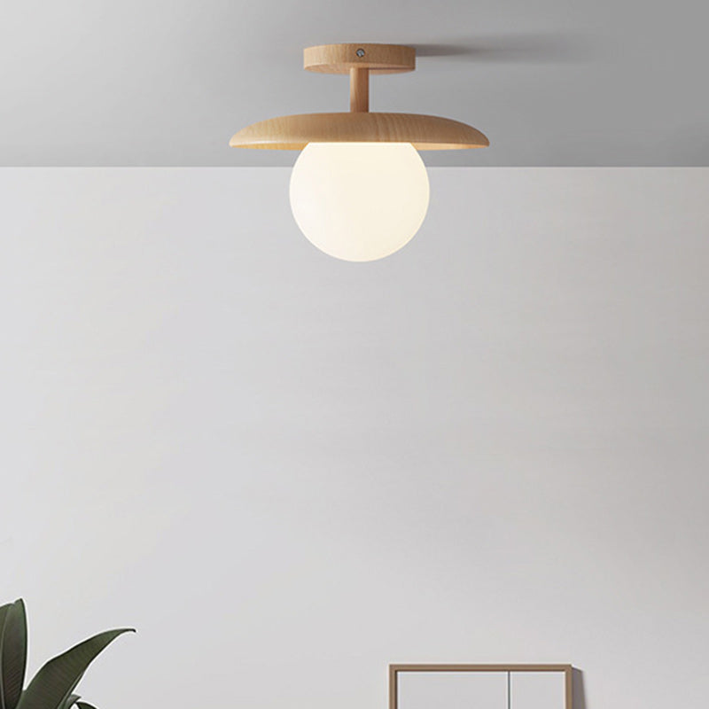 Plafonnier semi-encastré à 1 lumière en verre rond japonais traditionnel en bois de caoutchouc pour salon 