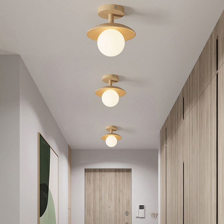 Traditionelle japanische Frisbee-Rundglas-Gummibaum 1-Licht-Halbeinbau-Deckenleuchte für das Wohnzimmer 