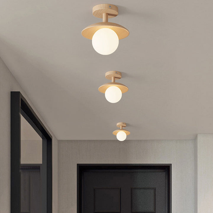 Traditionelle japanische Frisbee-Rundglas-Gummibaum 1-Licht-Halbeinbau-Deckenleuchte für das Wohnzimmer 