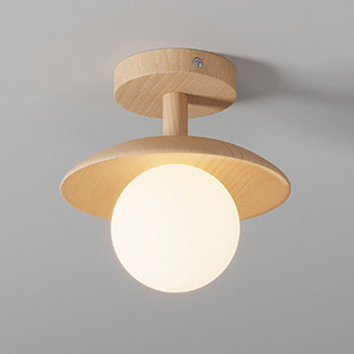 Plafonnier semi-encastré à 1 lumière en verre rond japonais traditionnel en bois de caoutchouc pour salon 