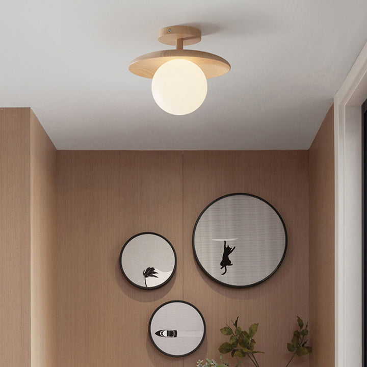 Plafonnier semi-encastré à 1 lumière en verre rond japonais traditionnel en bois de caoutchouc pour salon 