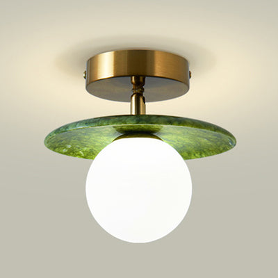 Zeitgenössische kreative runde Kugel Glas Jade Hardware 1-Licht Semi-Flush Mount Deckenleuchte für Wohnzimmer 