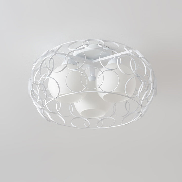 Contemporary Industrial Openwork Circle Round Glass Iron 3-Light Semi-Flush Mount Ceiling Light For Bedroom