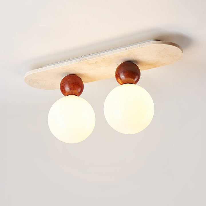 Contemporary Creative Oval Orb Glass Beige Travertine Solid Wood 1/2 Light Semi-Flush Mount Ceiling Light For Bedroom