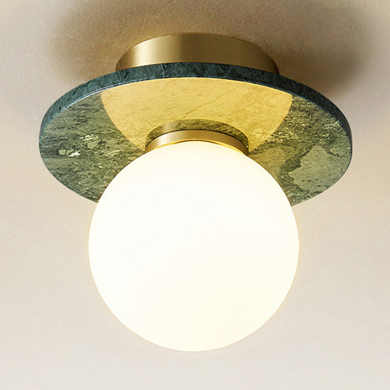 Zeitgenössisches nordisches rundes Magic Bean Glas Marmor Kupfer 1-Licht Semi-Flush Mount Deckenleuchte für Schlafzimmer 