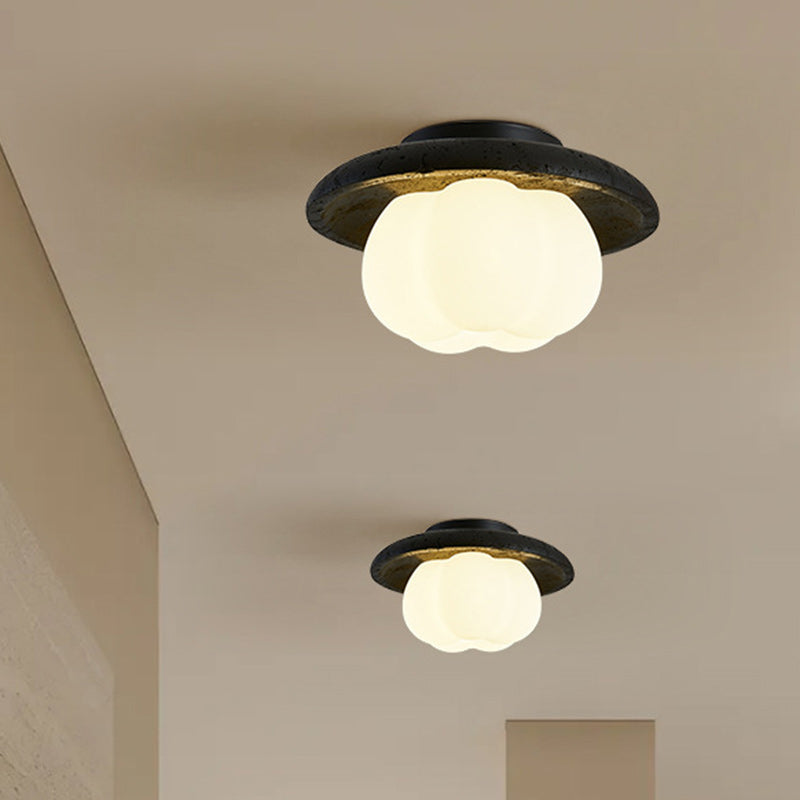 Lustre de plafond semi-encastré à 1 lumière en coton vintage traditionnel citrouille ronde avec matériel en pierre trou noir PE pour chambre 