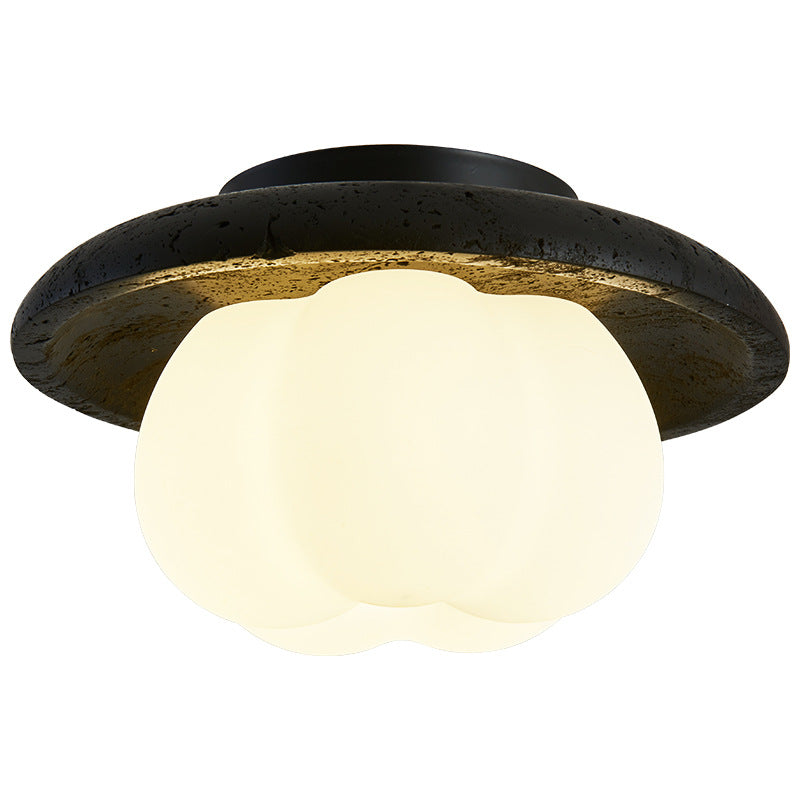 Lustre de plafond semi-encastré à 1 lumière en coton vintage traditionnel citrouille ronde avec matériel en pierre trou noir PE pour chambre 
