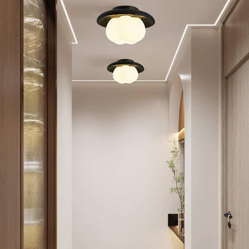 Lustre de plafond semi-encastré à 1 lumière en coton vintage traditionnel citrouille ronde avec matériel en pierre trou noir PE pour chambre 