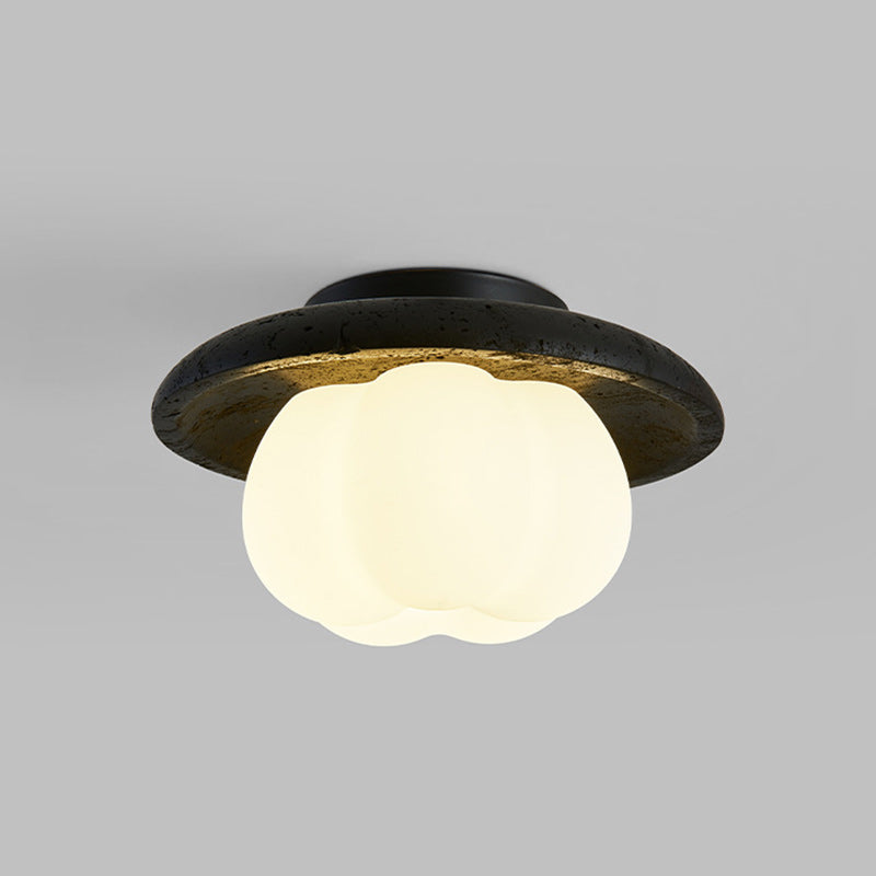 Lustre de plafond semi-encastré à 1 lumière en coton vintage traditionnel citrouille ronde avec matériel en pierre trou noir PE pour chambre 