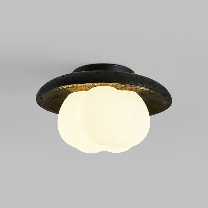 Lustre de plafond semi-encastré à 1 lumière en coton vintage traditionnel citrouille ronde avec matériel en pierre trou noir PE pour chambre 